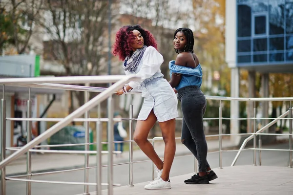 Zwei Attraktive Afrikanisch Amerikanische Frauen Posierten Der Nähe Von Geländern — Stockfoto