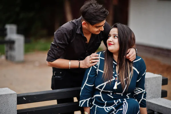 Love Story Indian Couple Posed Outdoor Sitting Bench Together — Stock Photo, Image