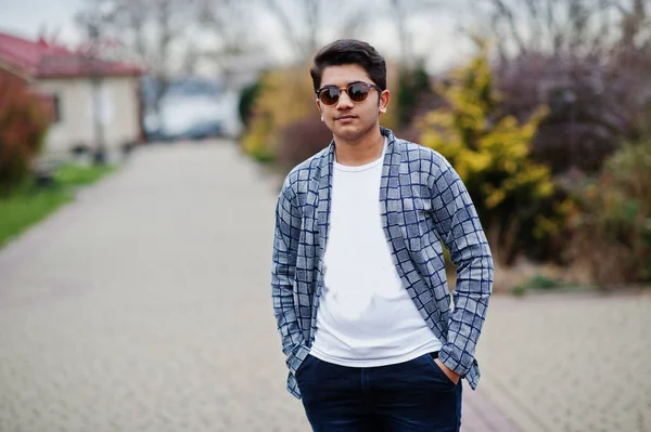 Stylish Indian Young Man Sunglasses Wear Casual Posed Outdoor — Stock Photo, Image