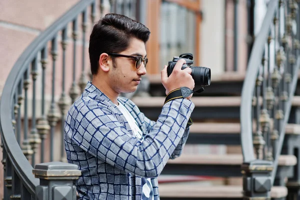 Stylish Indian Young Man Photographer Sunglasses Wear Casual Posed Outdoor Stock Image