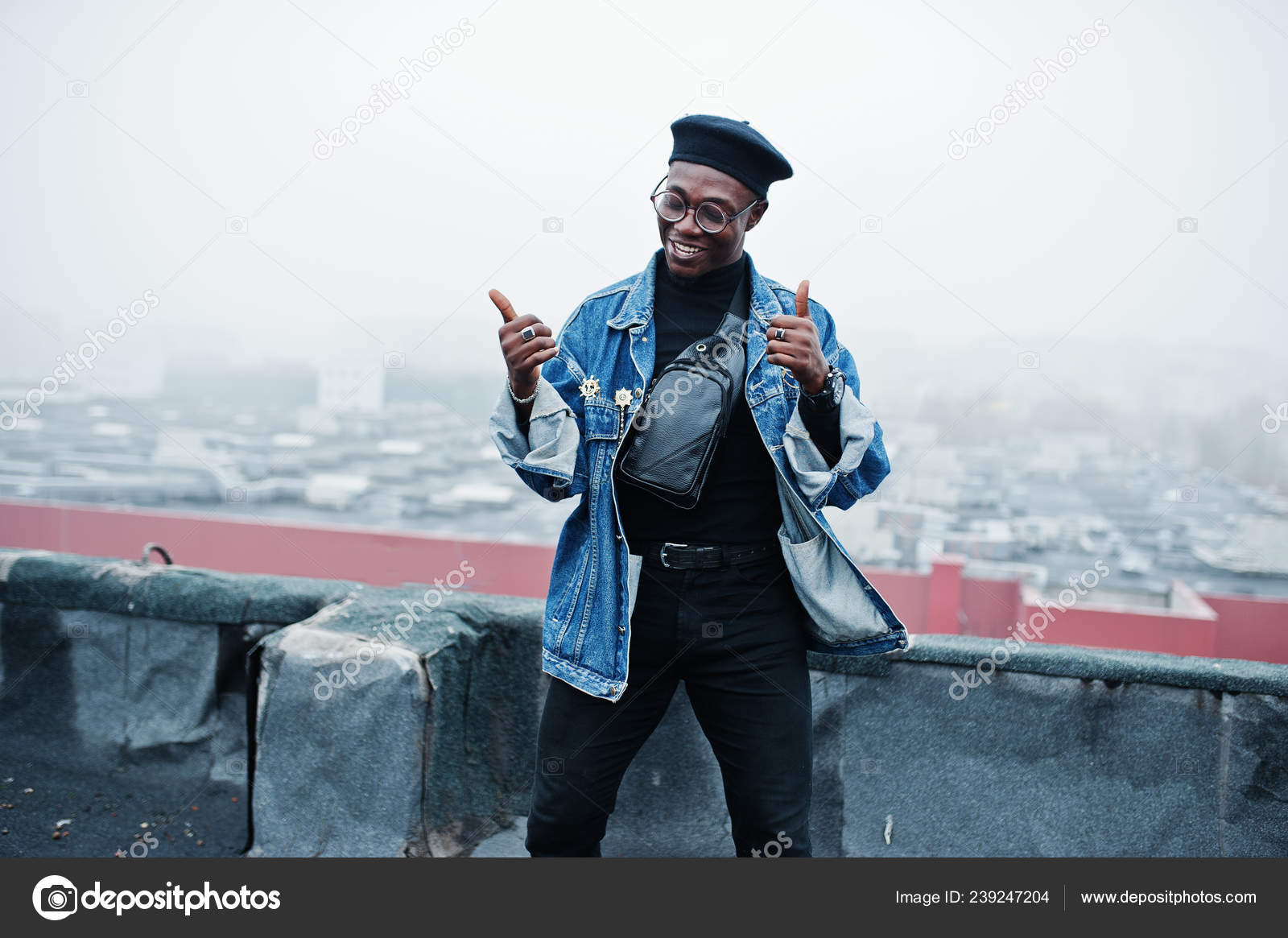 African American Man Jeans Jacket Beret Eyeglasses Posed Abandoned