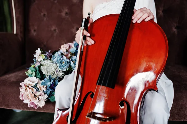 Close Gilrl Musician White Dress Double Bass Sitting Brown Vintage — Stock Photo, Image