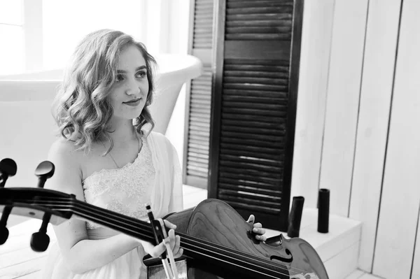 Pretty Young Gilrl Musician White Dress Double Bass — Stock Photo, Image