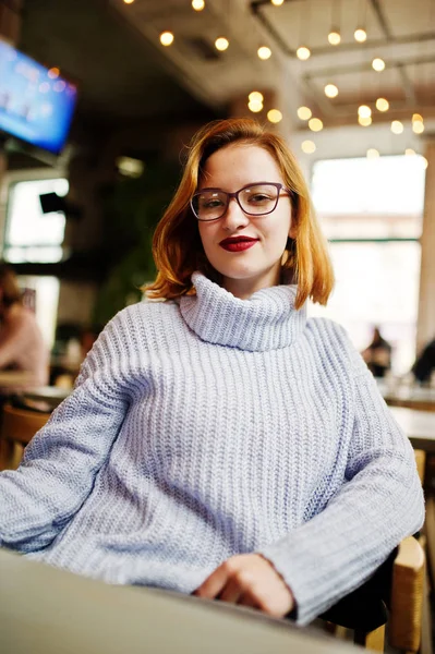 Cheerful Young Beautiful Redhaired Woman Glasses Warm Wool Sweater Sitting — Stock Photo, Image