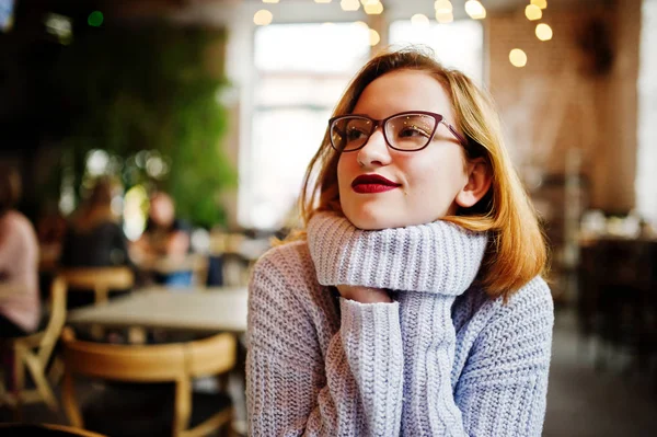 Cheerful Young Beautiful Redhaired Woman Glasses Warm Wool Sweater Sitting — Stock Photo, Image