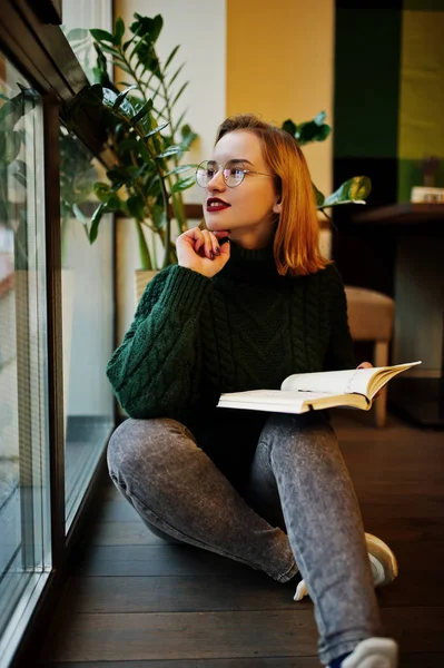 Cheerful Young Beautiful Redhaired Woman Glasses Green Warm Wool Sweater — Stock Photo, Image