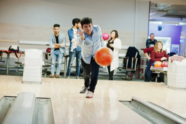 South Asian Man Jeans Shirt Standing Bowling Alley Throw Ball — Stock Photo, Image