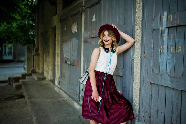 Fashionable Beautiful Blonde Model Girl Stylish Red Velvet Velour Skirt — Stock Photo, Image