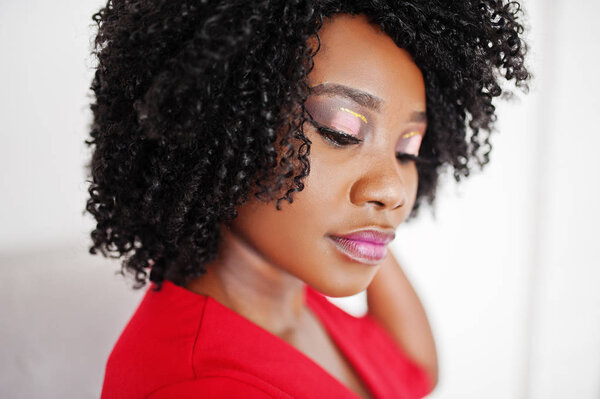 Close up fashion african american model in red beauty dress, sex