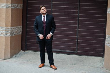 Formal giyim ayakta brown karşı şık Hintli işadamı