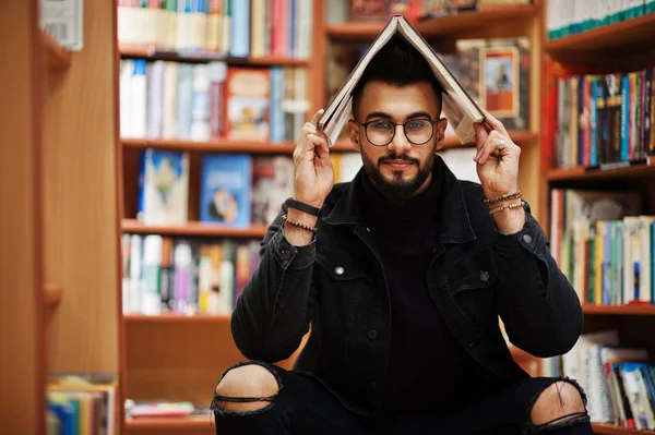 Tall smart arab student man, wear on black jeans jacket and eyeg — Stock Photo, Image