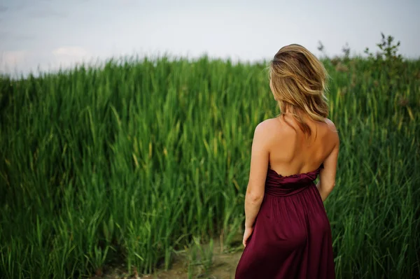 Bak i blond sensuell kvinna i röd Marsala klänning poserar i — Stockfoto