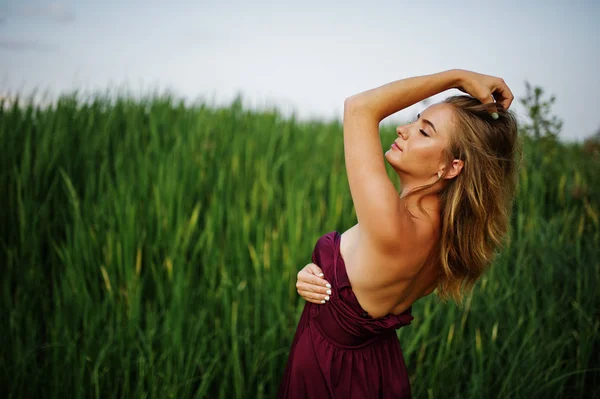 Mujer sensual rubia en vestido de marsala rojo posando en las cañas . —  Fotos de Stock