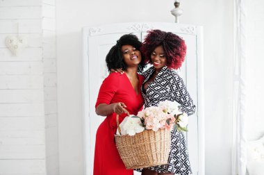 Gece elbisesi ayakta iki şık Afro-Amerikan kadın