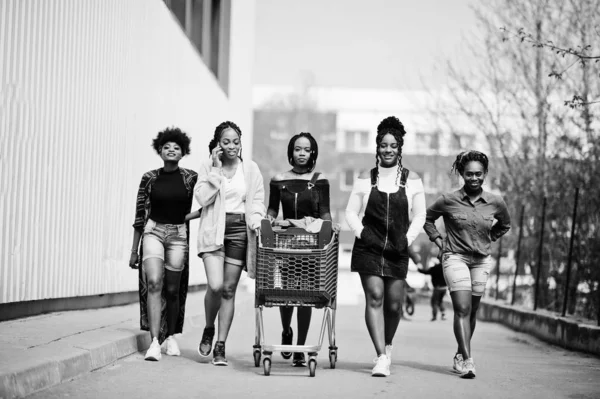 Grupo de cinco mujer afroamericana con carritos de compras que tienen — Foto de Stock