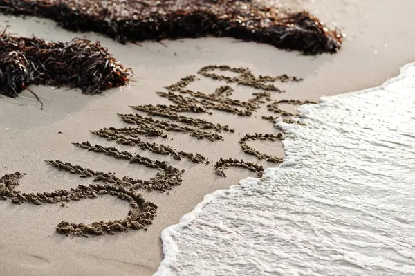 Napis lato pokryte morzem wawes i glonów na piasku na — Zdjęcie stockowe