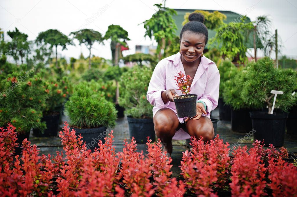 African woman in pink large shirt posed at garden with seedlings