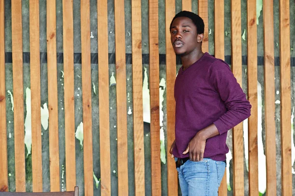 Junger afrikanisch-amerikanischer Mann in violettem Pullover posierte gegen Holz — Stockfoto