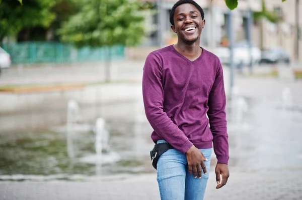 Junger afrikanisch-amerikanischer Mann in violettem Pullover posierte gegen Brunnen — Stockfoto