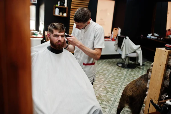 Jeune homme barbu se faire couper les cheveux par coiffeur tout en étant assis i — Photo