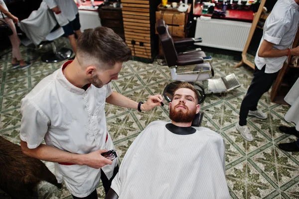 Young bearded man getting haircut by hairdresser while sitting i — Stock Photo, Image