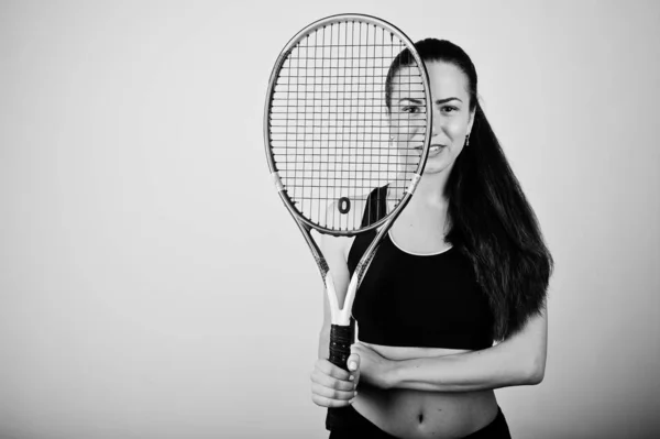 Black and white portrait of beautiful young woman player in spor — Stock Photo, Image