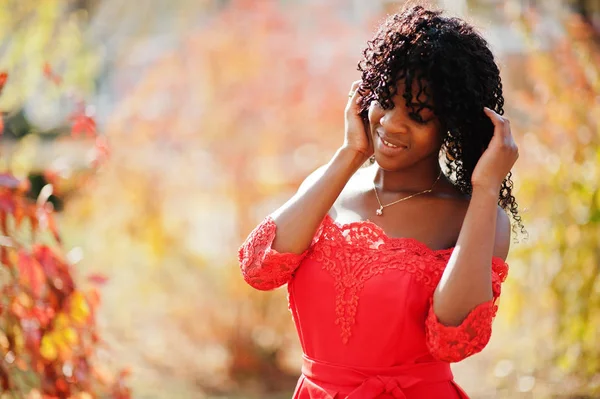 Elegante mujer de moda afro francia rizado posado en el día de otoño en re —  Fotos de Stock