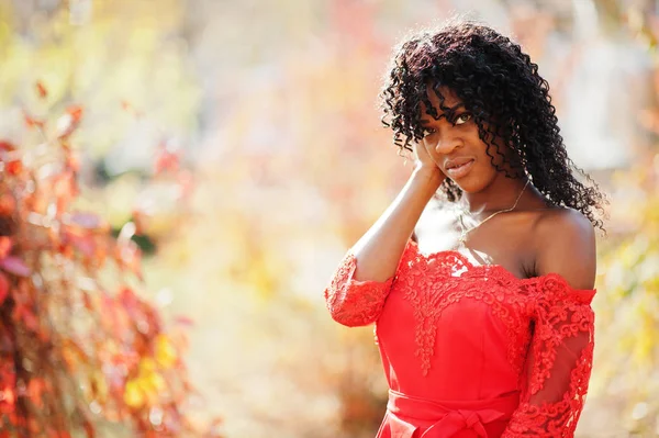 Stylowe modne afro france kręcone kobieta pozowała jesienią w re — Zdjęcie stockowe