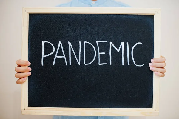 Pandemic Coronavirus Concept Boy Hold Inscription Board — Stock Photo, Image