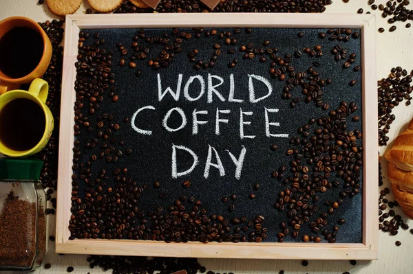 Światowy Dzień Kawy Słowa Tablicy Płaskiej Leżały — Zdjęcie stockowe