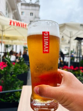 Krakow, Polonya - 08 Temmuz 2025: Polonya 'nın Krakow kentindeki manzaralı kentsel oturma alanında ferahlatıcı bir bira tutan bir el. 