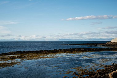 İzlanda 'nın kıyı sahnesinde berrak gökyüzü, kayalık kıyılar ve sakin sular sergileniyor..