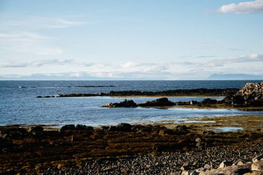 Güneşli bir günde İzlanda kıyı manzarası, kayalar, sakin deniz ve bulutlar..