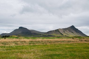 İzlanda 'nın engebeli dağları, gündüz vakti bulutlu bir gökyüzünün altında yemyeşil tarlalarla çevrilidir.
