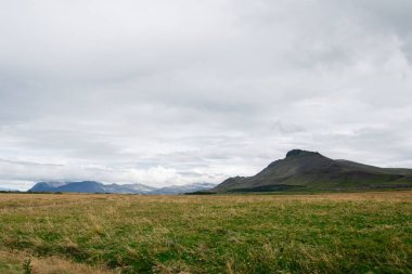 İzlanda 'da bulutlu gökyüzünün altındaki dağ manzarası otlakların arasında