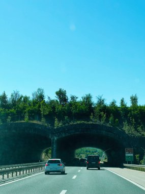 Zagreb, Hırvatistan - 25 Ağustos 2025: Hırvatistan 'da açık havada çevre dostu bir köprü altında otoyolda giden araçlar.