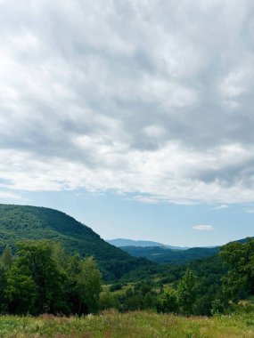 Bulutlu ve parlak gökyüzünün altındaki yemyeşil Karpat tepelerinin güzel manzarası