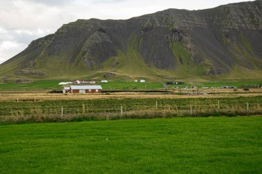 Akranes, İzlanda 'daki yeşil tarlalar, çiftlikler ve pitoresk dağların yer aldığı Idyllic kırsal sahnesi