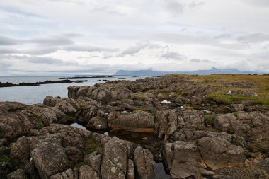 Kayalık arazili kıyı manzarası, çimenli araziler ve İzlanda 'da resim gibi bir gökyüzü.