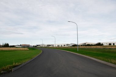 İzlanda 'da bulutlu bir günde modern evler ve yeşilliklerle çevrili bir yerleşim yeri.