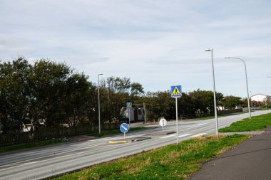 İzlanda 'nın sakin bir banliyösünde doğanın ortasında yaya geçidi ve yol işaretleri var..