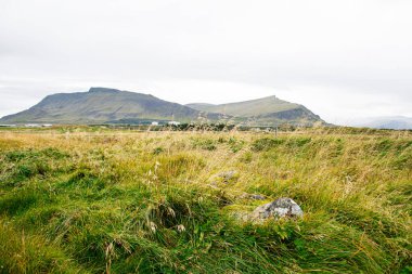 İzlanda 'da dağları olan geniş yeşil alan doğal güzellik ve dinginliği sergiliyor.
