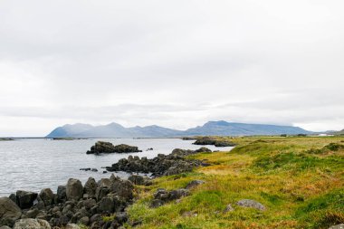 Kıyı manzarası; kayalar, çayırlar ve bulutlu gökyüzünün altındaki uzak dağlar..