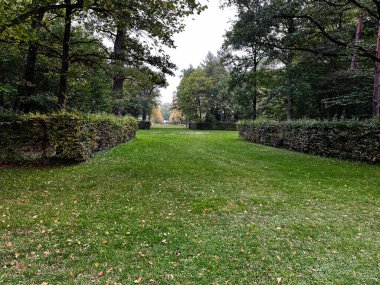 Oberschleissheim, Almanya - 25 Eylül 2022: Almanya 'da Sükunet Schleissheim Sarayı' nın otlak yolu, çitler ve uzun ağaçların yer aldığı park sahnesi.