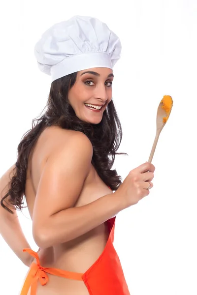 Hermoso Amable Cocinero Vestido Solo Con Delantal Sombrero —  Fotos de Stock