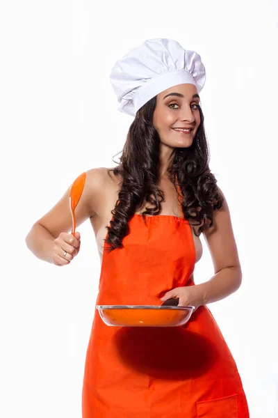 Beautiful Friendly Cook Dressed Only Apron Hat — Stock Photo, Image
