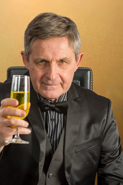 Attraktiver Älterer Mann Schlägt Einen Toast Mit Glas Vor — Stockfoto