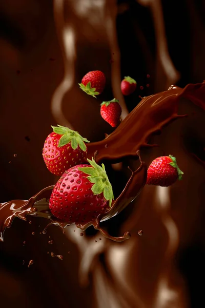 Erimiş çikolataya dökülen çilekler ve iki dil dolusu sıvı çikolata.