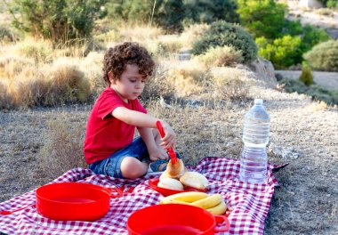 Çocuk piknikte kırmızı çatallı, kırmızı ve siyah kareli masa örtülü ve tekrar kullanılabilir tabaklarla sandviç dürtüyor.,