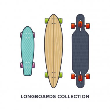 Longboards koleksiyonu - Cruiser, Downhill, Drop Through, Oyma. Düz tarzda vektör çizimi.